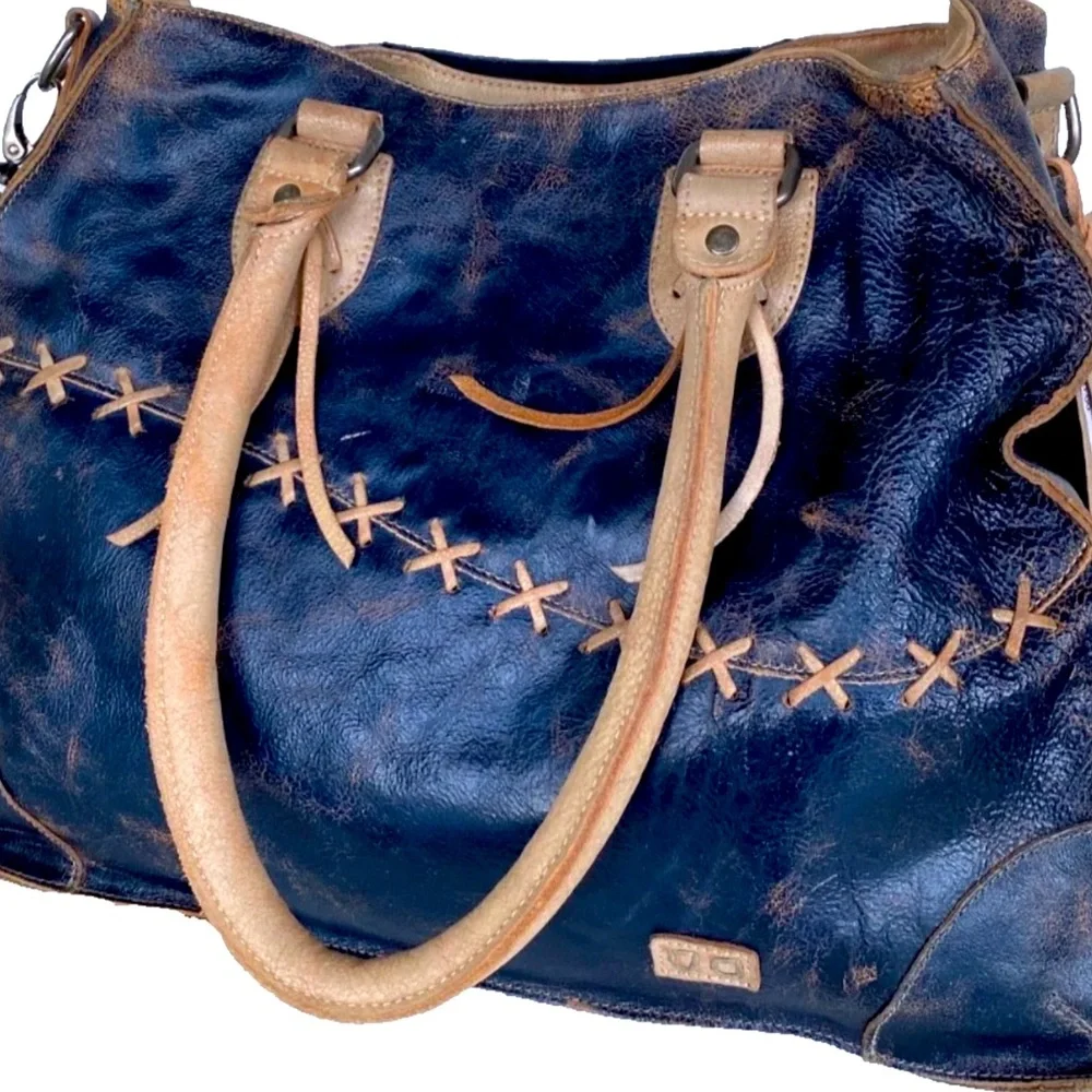 Bed Stu Bag. Stylish Blue and Tan Leather Tote Bag - Picture 4 of 7